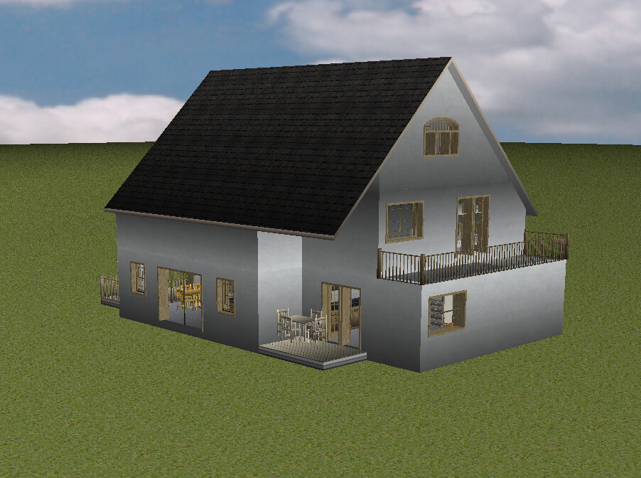 Einfamilienhaus mit dunklem Satteldach, Balkon, Terrasse auf grünem Rasen.