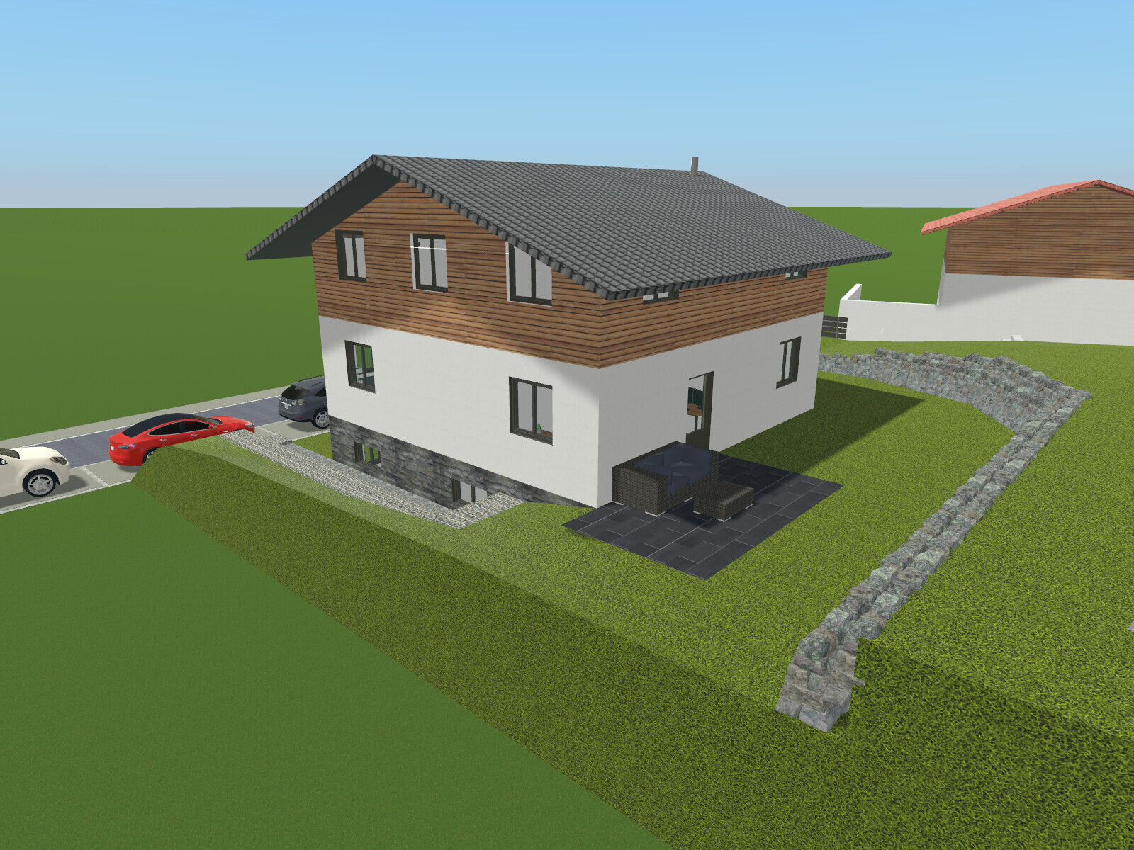 Zweistöckiges Haus mit Holzverkleidung, weißem Sockel, Terrasse und Steinmauer; Autos davor.