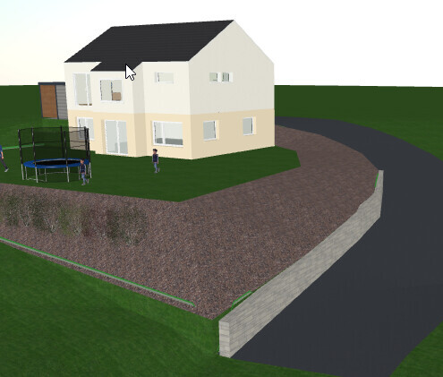 3D-Hausmodell Außenansicht eines Hauses auf Grundstück mit Terrasse und Garten