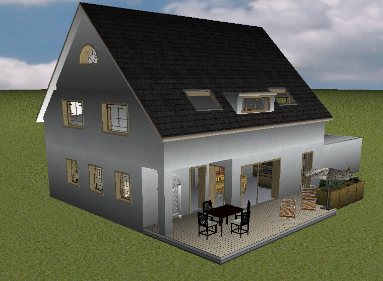 3D-Modell eines Einfamilienhauses mit Terrasse, Esstisch, Stühlen und Grillbereich.