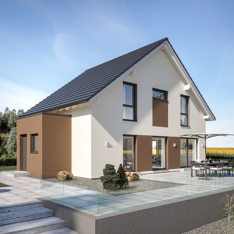 Modernes zweistöckiges Haus mit weißer Fassade, braunen Akzenten, Terrasse und Esstisch