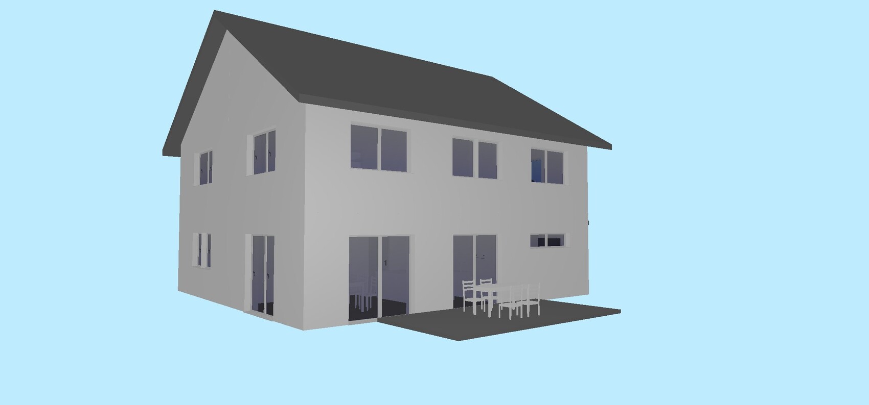 3D-Modell eines grauen zweistöckigen Hauses mit dunklem Dach, Terrasse mit Esstisch und Stühlen.