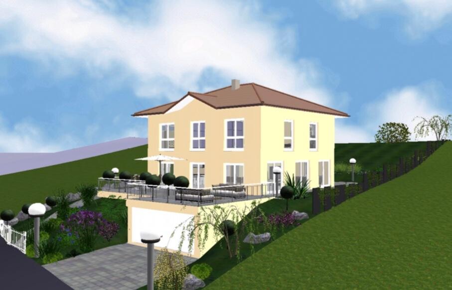 Zweistöckiges gelbes Haus auf Hanglage mit Terrasse, Garten und Garage.