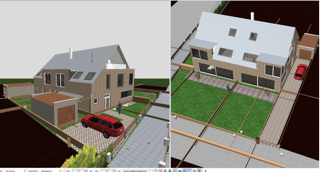 3D-Hausrendering mit zwei Ansichten: modernes Einfamilienhaus, Garage und Garten.