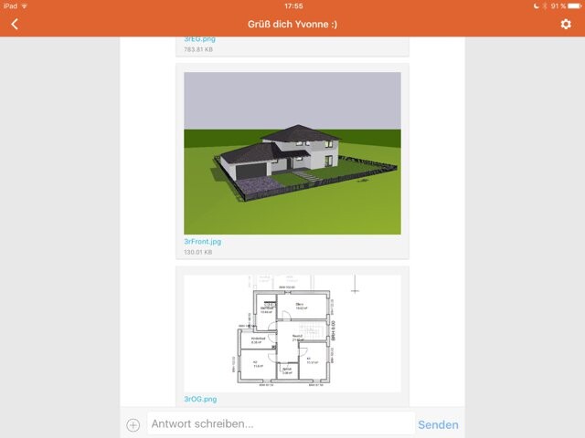 Moderne 3D-Hausansicht mit Garten und dazugehörigem Grundrissplan