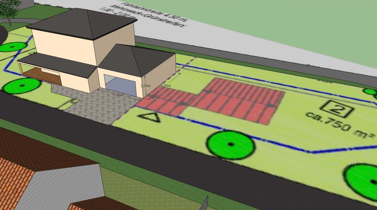 3D-Hausmodell mit Grundstücksplan, Zufahrt, Garage und Grünfläche