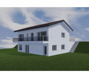 Weisses 3D-Haus mit Balkon, Gruenflaeche und rotem Dach.