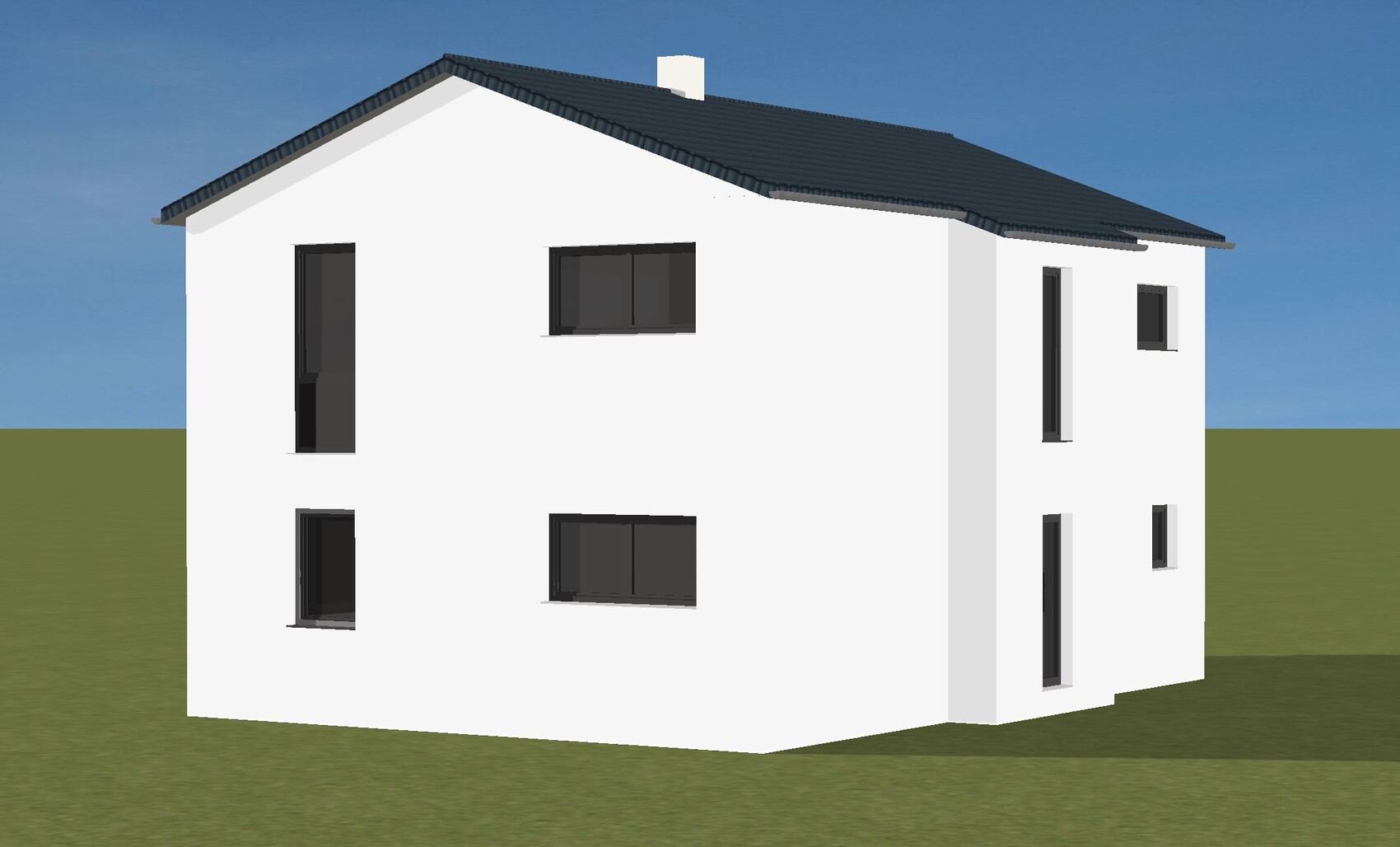 3D-Ansicht eines weißen Hauses mit dunklem Dach auf grünem Gelände