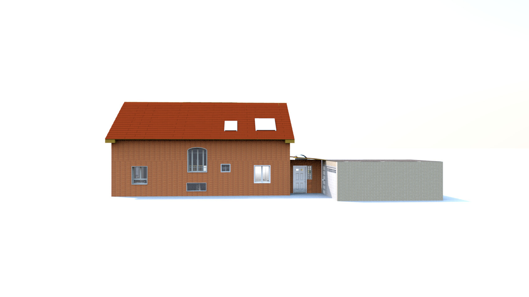 Ziegelhaus mit rotem Satteldach, zwei Dachfenstern, mehreren Fenstern und Garage