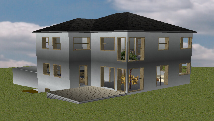 Zweistöckiges graues Haus mit dunklem Dach, vielen Fenstern, Terrasse und Garten.