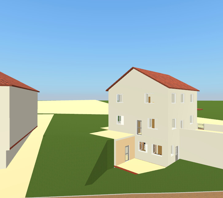 Mehrstöckiges beige Haus mit rotem Dach, vielen Fenstern, umliegendem Garten und Weg