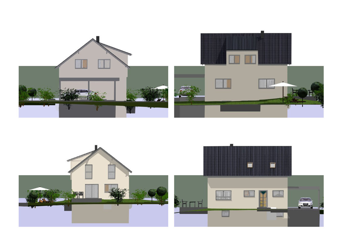 Vier Ansichten eines zweistöckigen Hauses mit Garten, Terrasse, Auto und Dachziegeln.