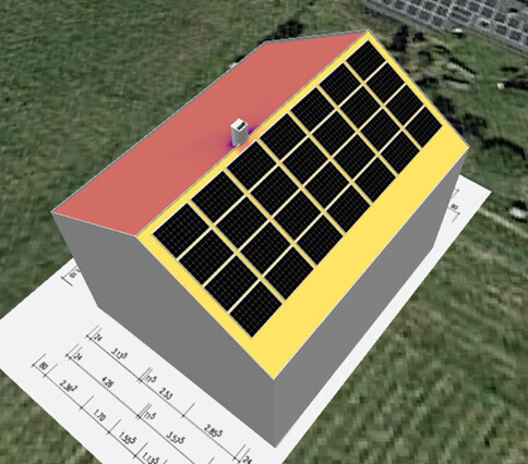 3D-Darstellung eines Hauses mit geneigtem Dach und Solaranlage