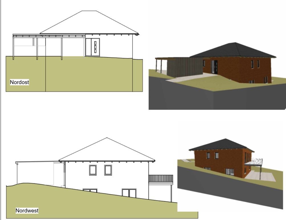 Vier Ansichten eines Hanghauses: zwei 2D-Schnitte (Nordost/Nordwest) und zwei 3D-Modelle.