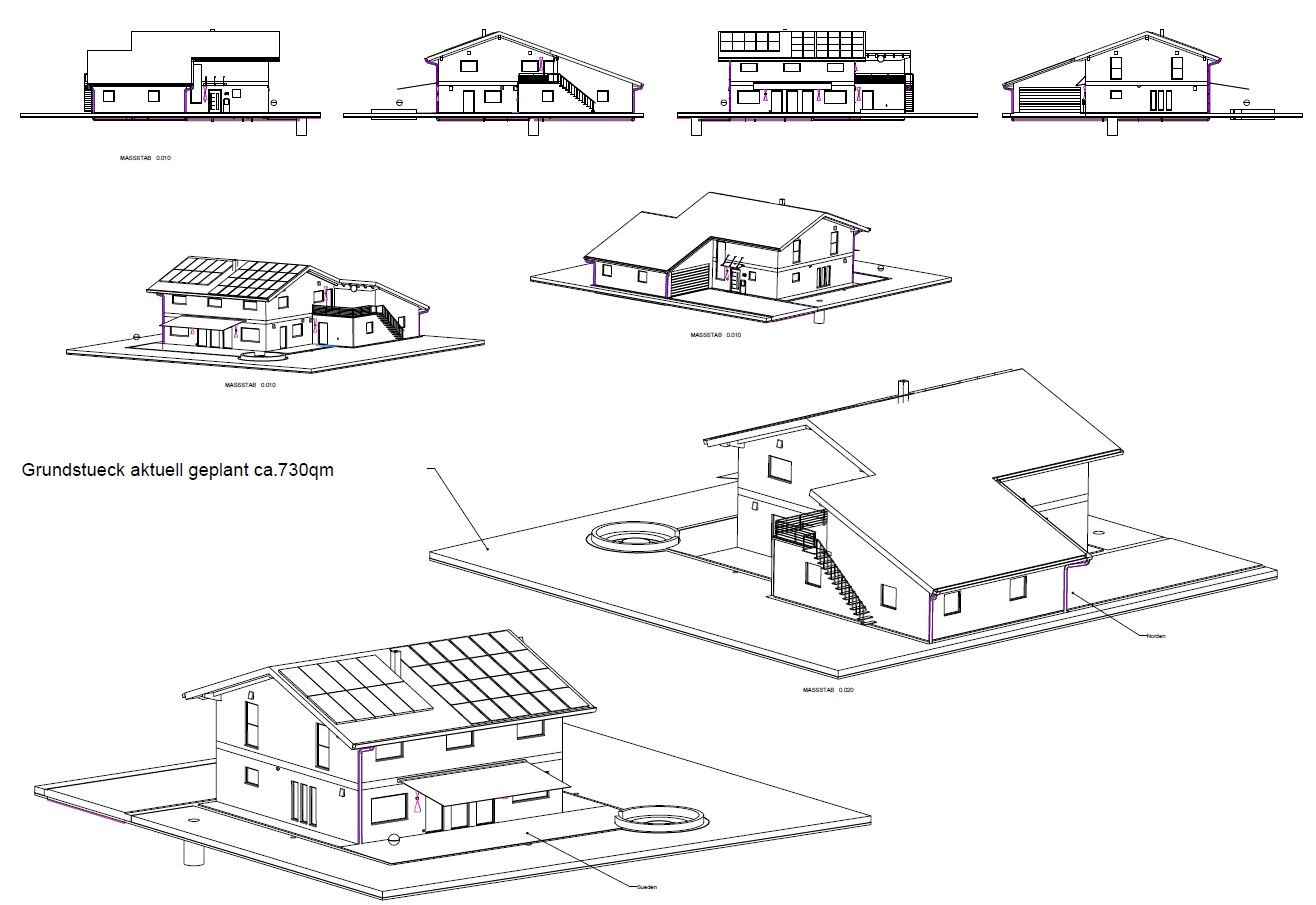Architekturpläne: Ansichten eines zweigeschossigen Hauses mit Grundstücksmodell ca. 730 m²