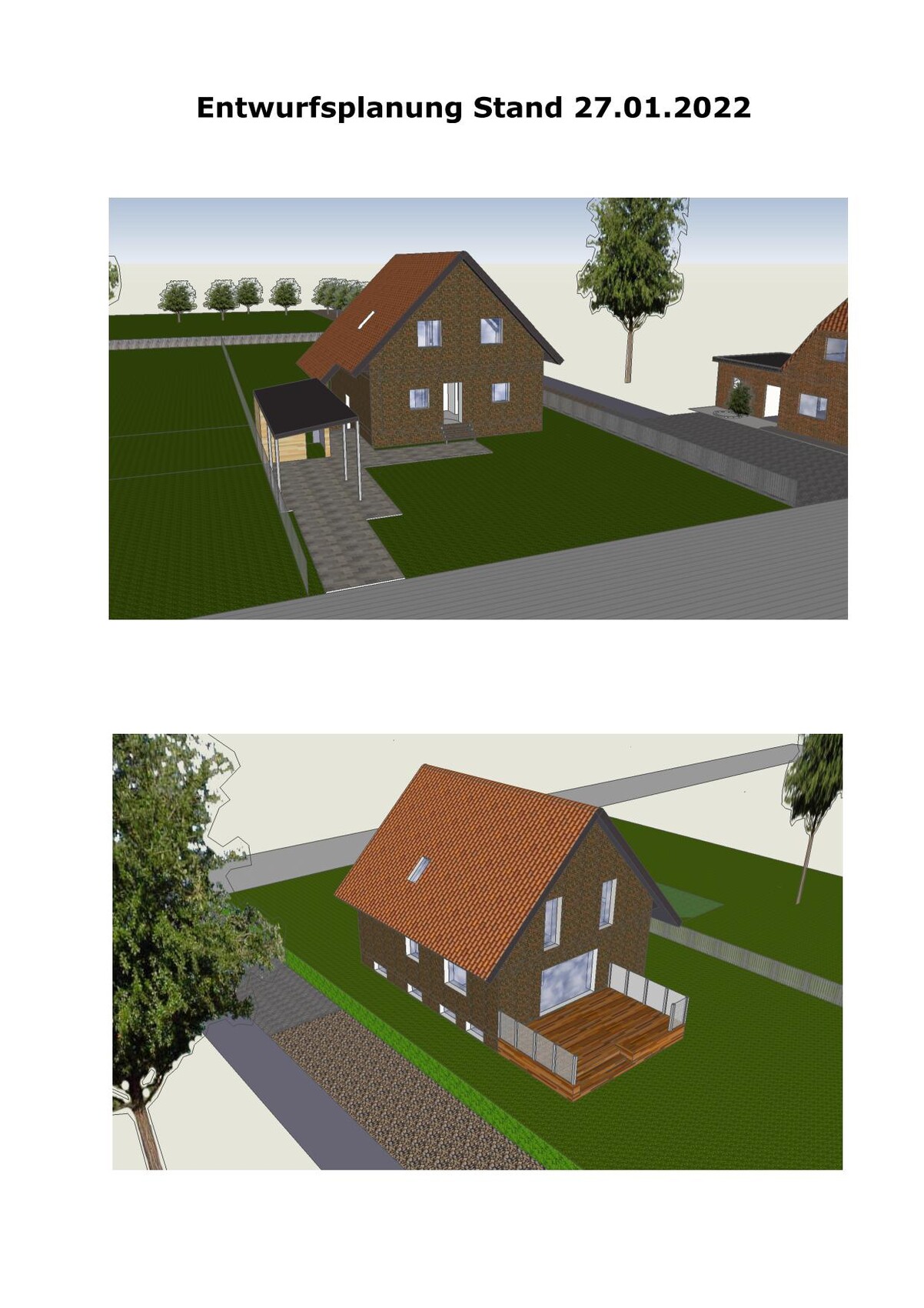Zwei 3D-Ansichten eines Einfamilienhauses mit Garten, Terrasse und Zufahrt.