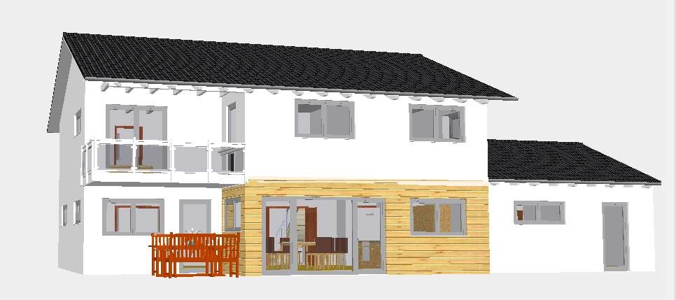 Zweistöckiges modernes Hausmodell mit Holzverkleidung, Terrasse und großen Fenstern.