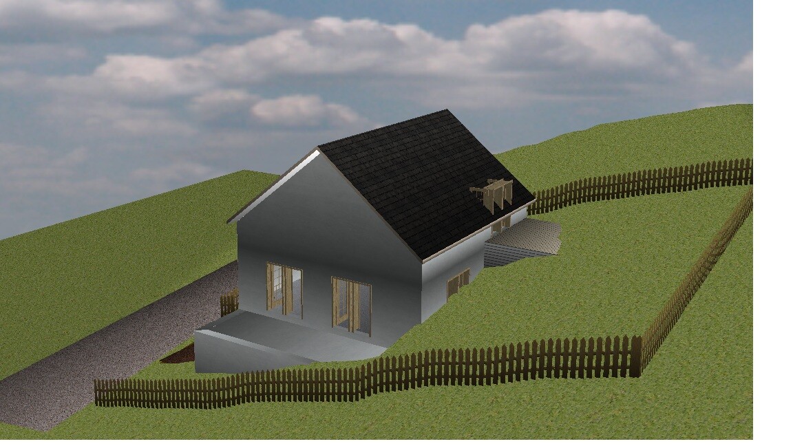 3D-Modell eines Einfamilienhauses auf grünem Hang mit Holzzaun, Zufahrt und Terrasse