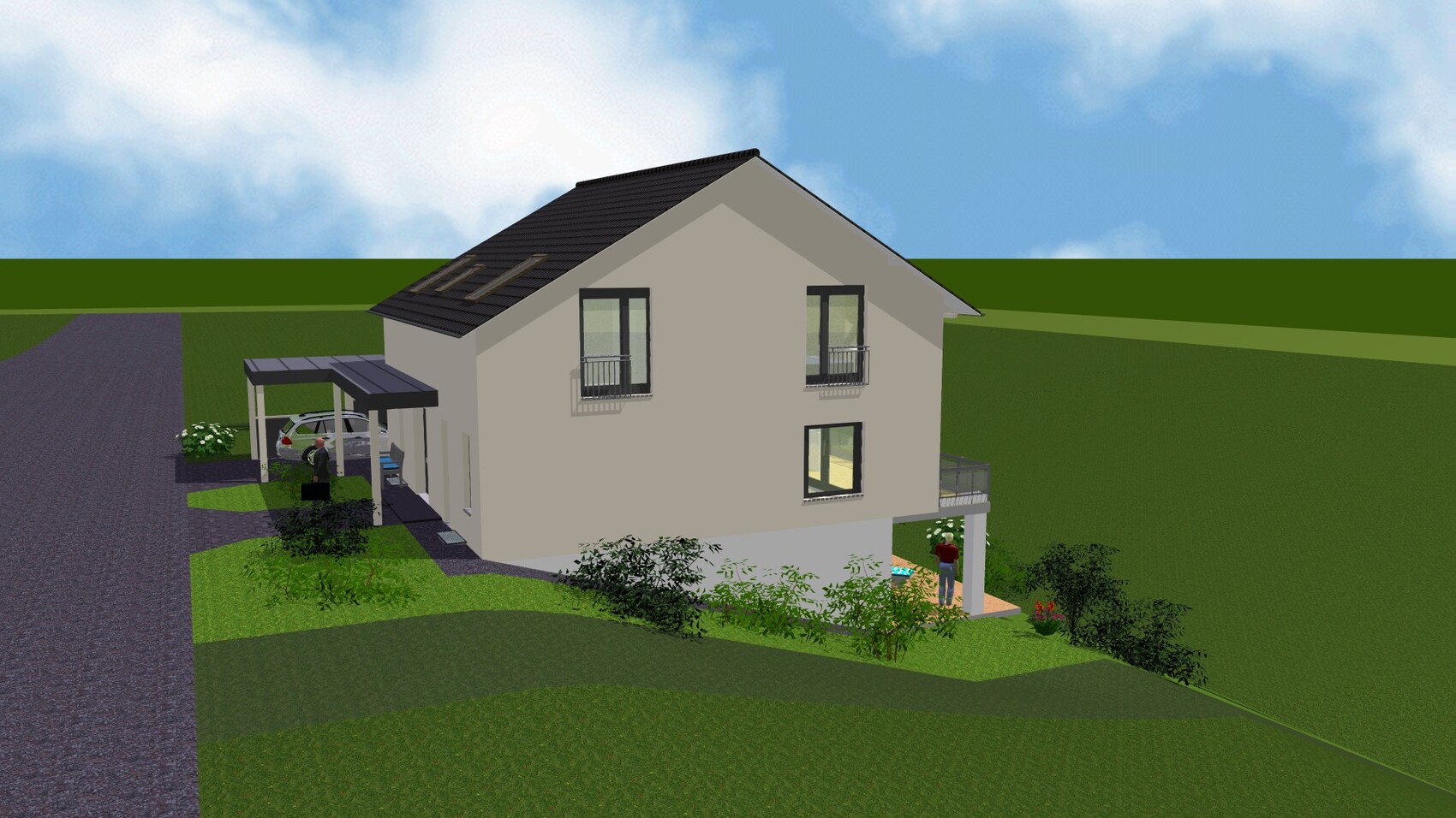 Zweistöckiges Haus mit Satteldach, Carport, Terrasse, Garten an Hanglage, blauer Himmel.