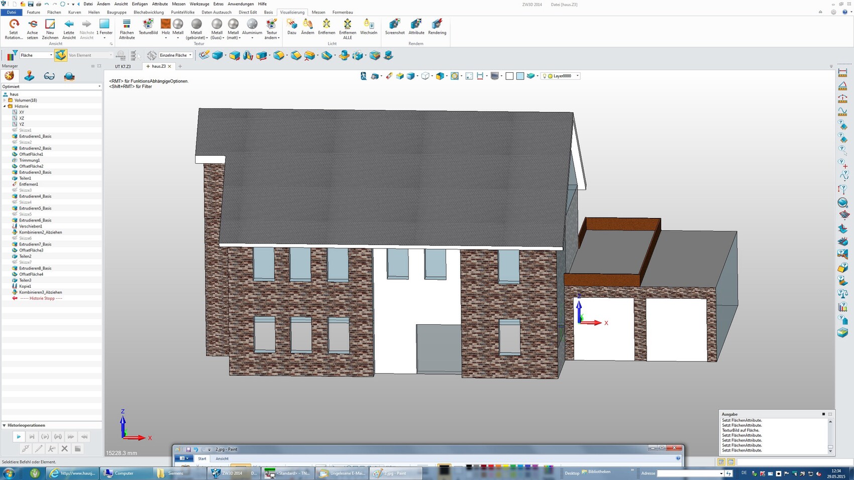 3D-Ansicht eines Hauses mit Backsteinfassade, grauem Dach und Garage