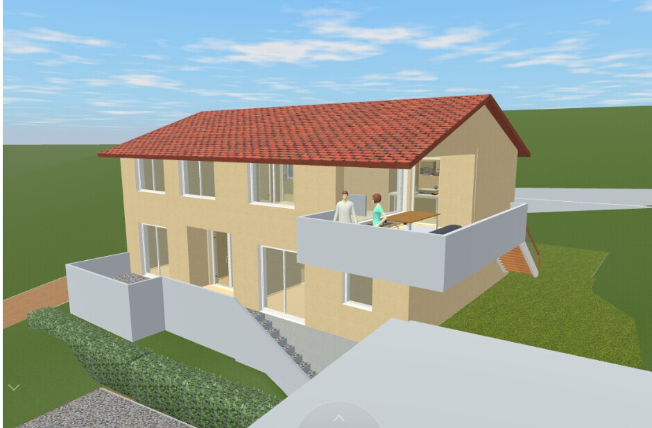 3D-Rendering eines zweistöckigen Hauses mit Terrasse und Balkon