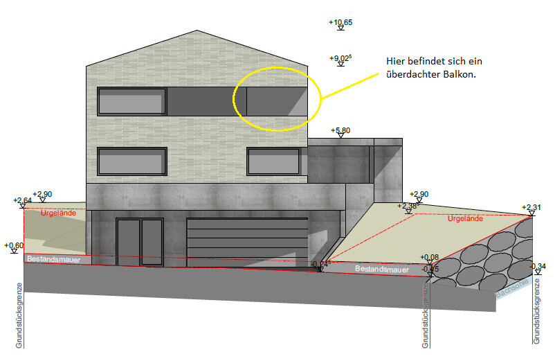 3D-Hausansicht eines modernen Hauses mit überdachtem Balkon und Terrasse