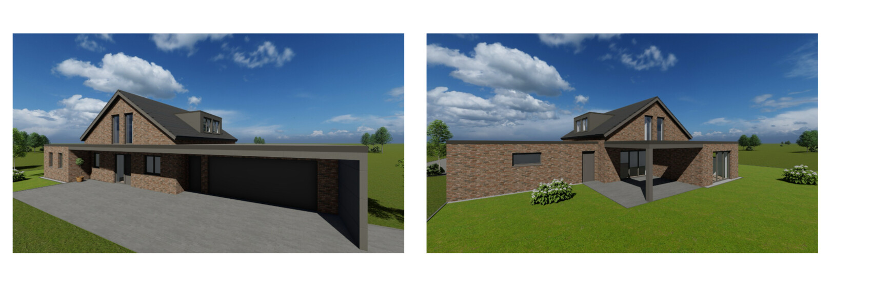 Zwei 3D-Renderings eines modernen Backstein-Hauses mit Garage und Garten.