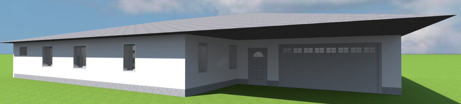 Modernes Einfamilienhaus mit Garage, weiße und graue Fassade, Dachüberhang, grüne Wiese