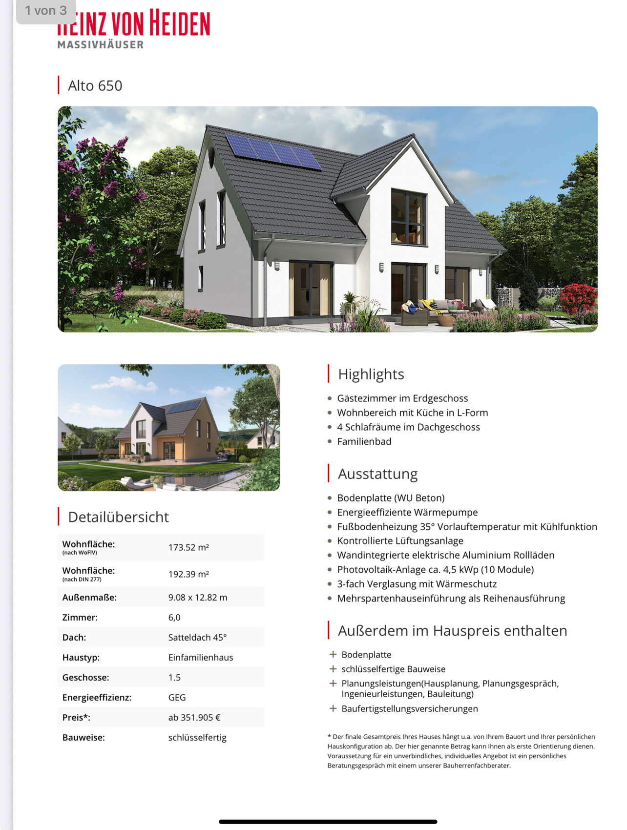 Modernes zweistöckiges Massivhaus mit Solarpanelen auf dem Dach