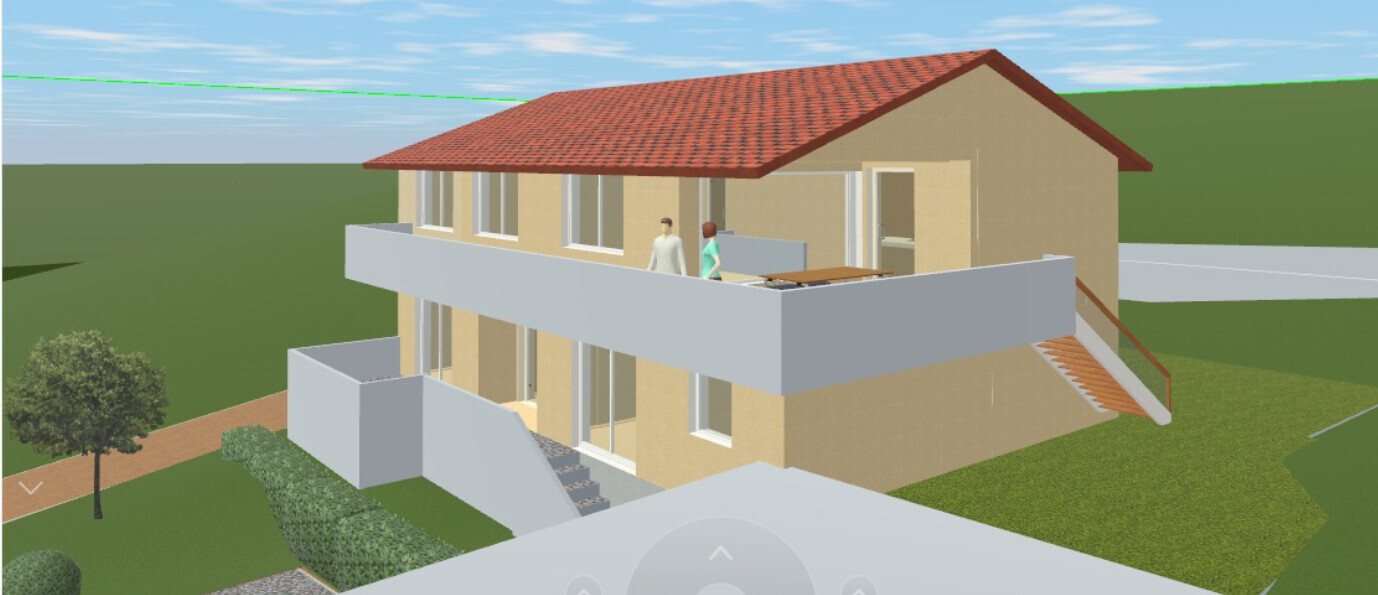 3D-Rendering eines zweistöckigen Hauses mit Balkon und Treppen im Außenbereich