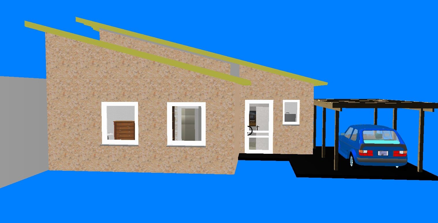 Einfamilienhaus mit sandfarbener Putzfassade, Fenster, Eingangstür und Carport mit blauem Auto.