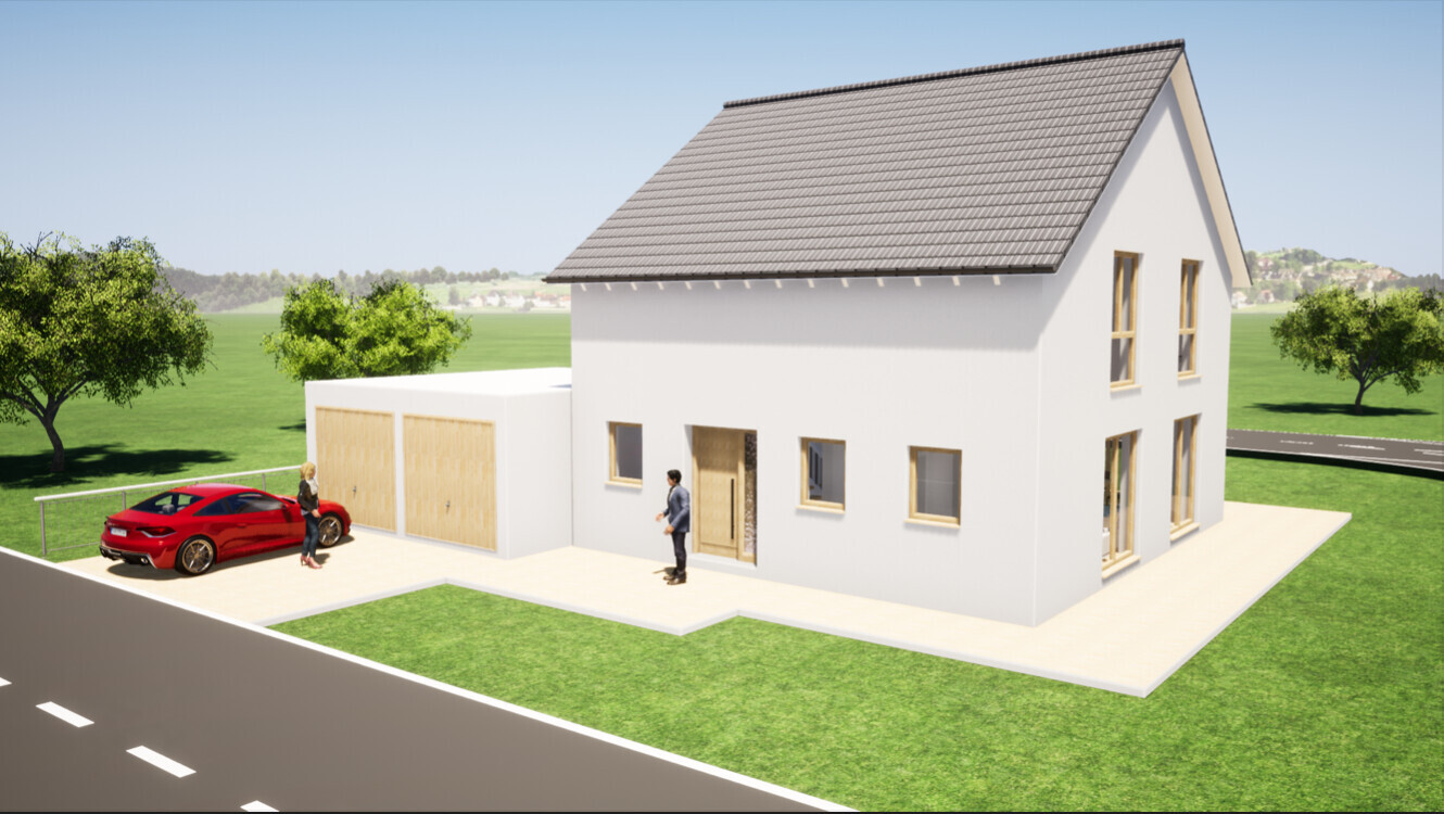 3D-Hausmodell: Weißes Einfamilienhaus mit Garage vor grünem Umfeld
