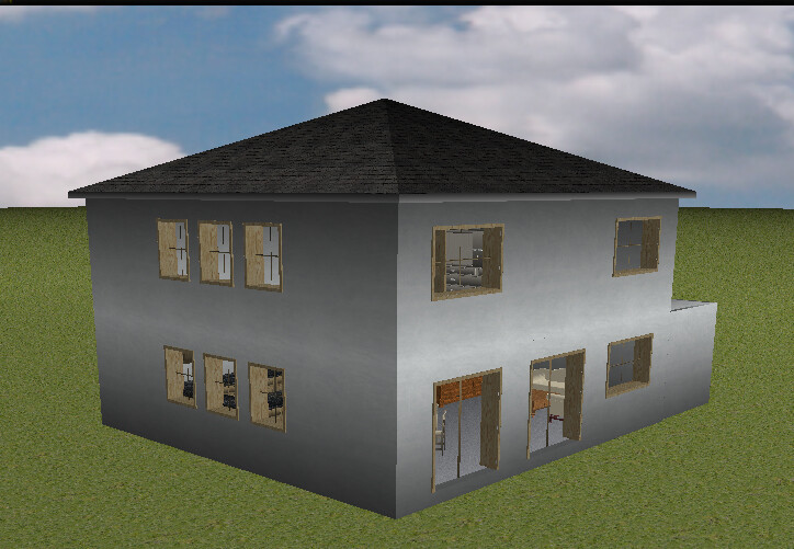 Zweistöckiges graues Haus mit dunklem Dach, offene Türen, Fenster und grüner Rasen.