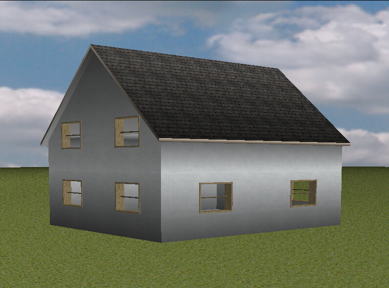 Graues Haus mit dunklem Satteldach auf grünem Rasen, Wolken am Himmel, 3D-Modell.