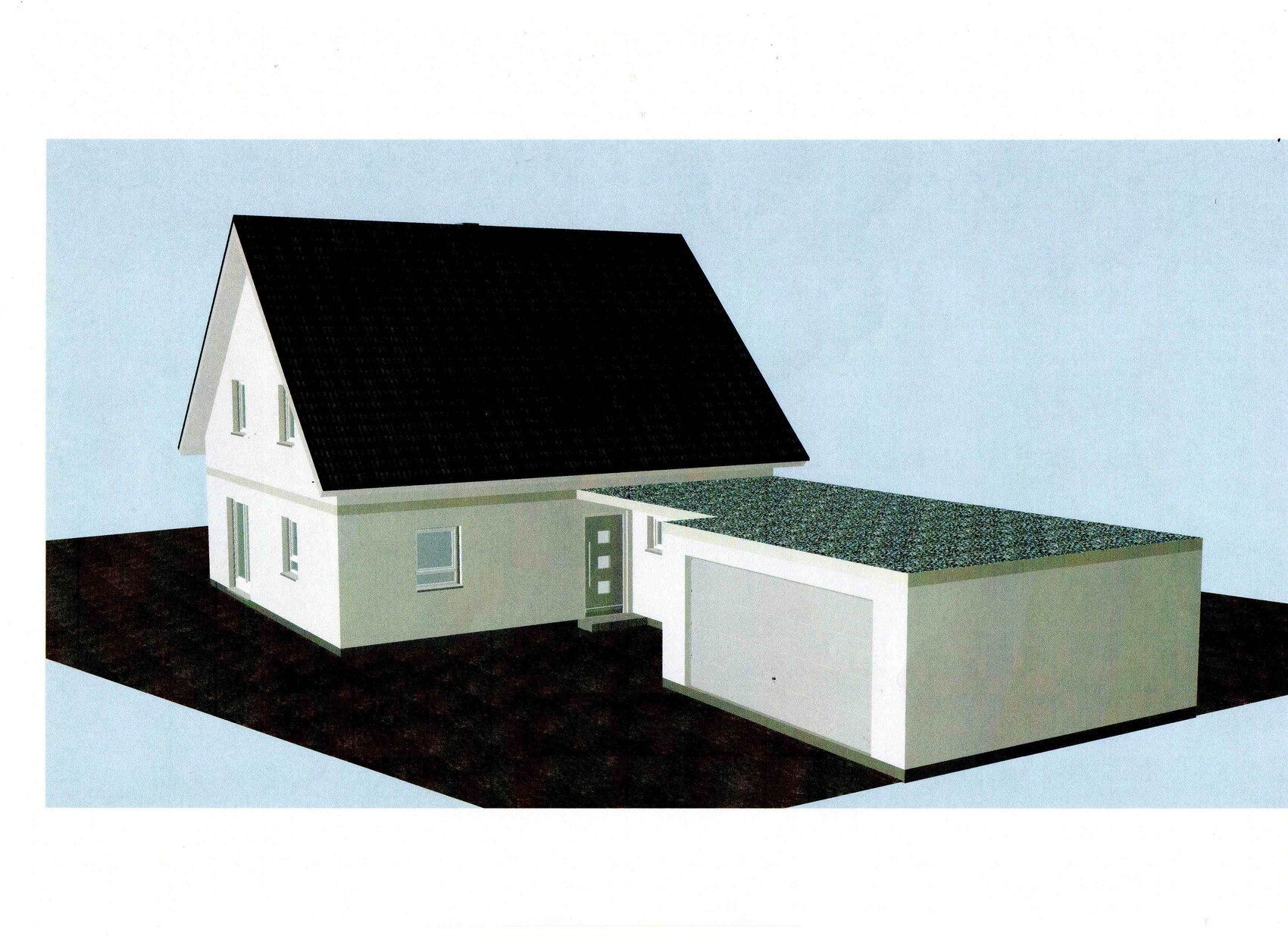 3D-Modell eines modernen Einfamilienhauses mit Garage und Satteldach, Außenansicht.
