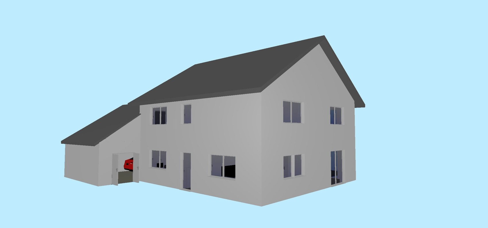 3D-Render eines zweistöckigen Hauses mit grauer Fassade, dunklem Dach, Garage links.