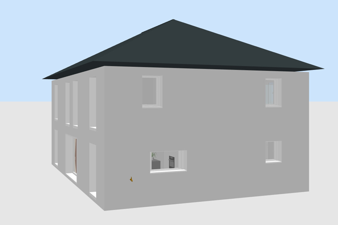 3D-Hausmodell mit grauer Fassade, dunklem Dach und Fenstern vor blauem Himmel