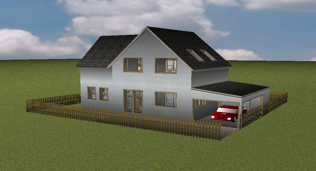 Zweistöckiges Haus mit Carport, rotem Auto und Zaun auf grüner Wiesenfläche.