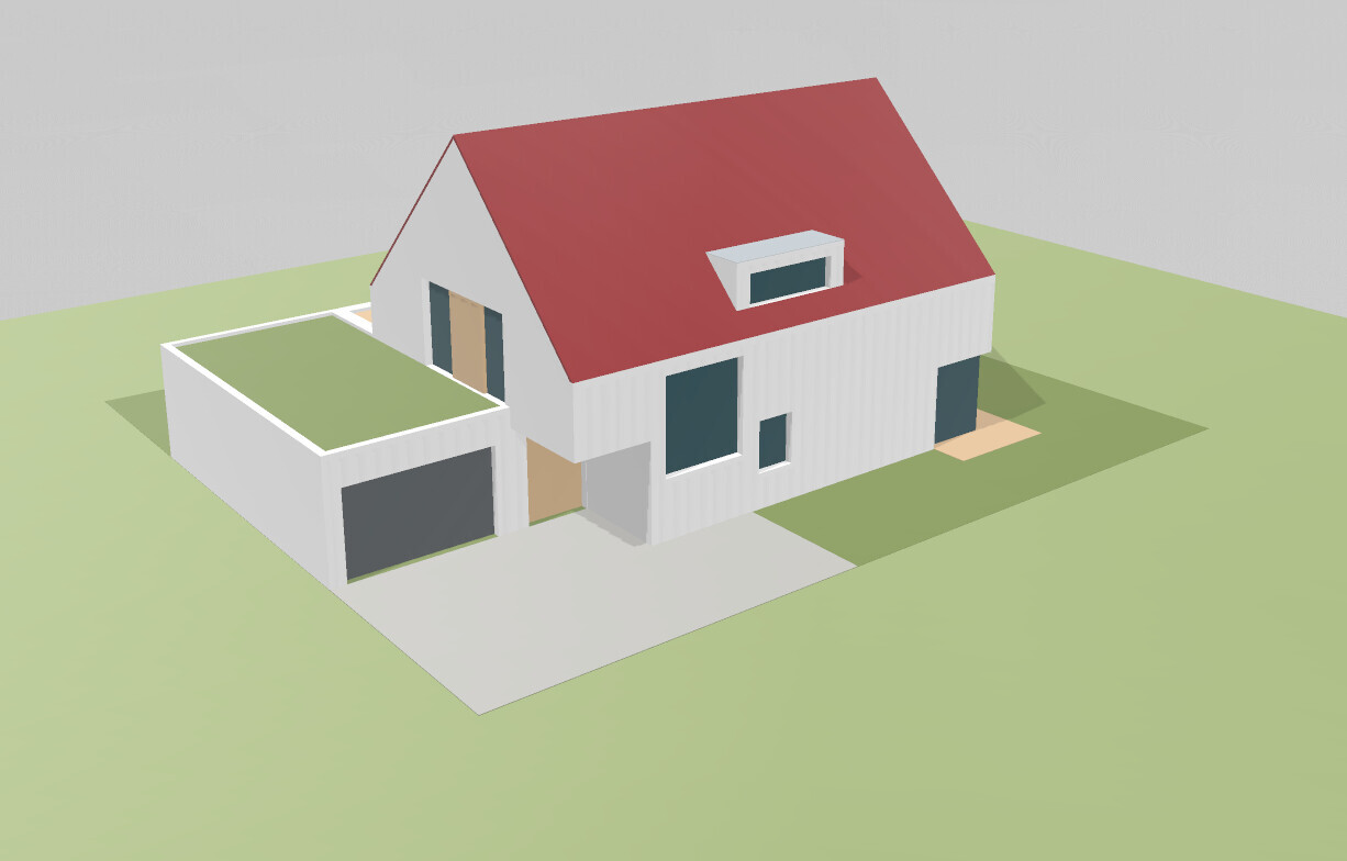 Moderne weiße Villa mit rotem Satteldach, Garage links und grasbewachsener Umgebung