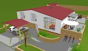 3D-Modell eines modernen Einfamilienhauses mit rotem Dach, Terrasse und Carport