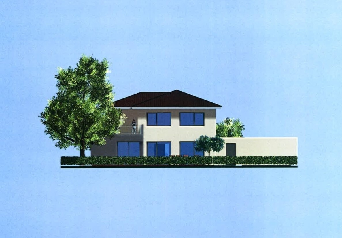 Zweistöckiges Einfamilienhaus mit dunkelbraunem Dach, blauen Fenstern, Garten und Hecke.