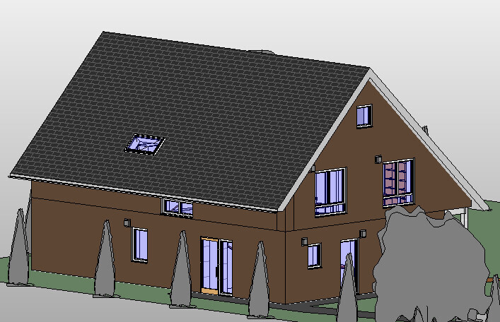3D-Rendering eines zweistöckigen Hauses mit dunklem Satteldach, braunen Wänden, vielen Fenstern.