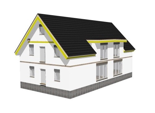 Zweistöckiges weißes Hausmodell mit schwarzem Satteldach, grauem Fundament und gelben Zierleisten.