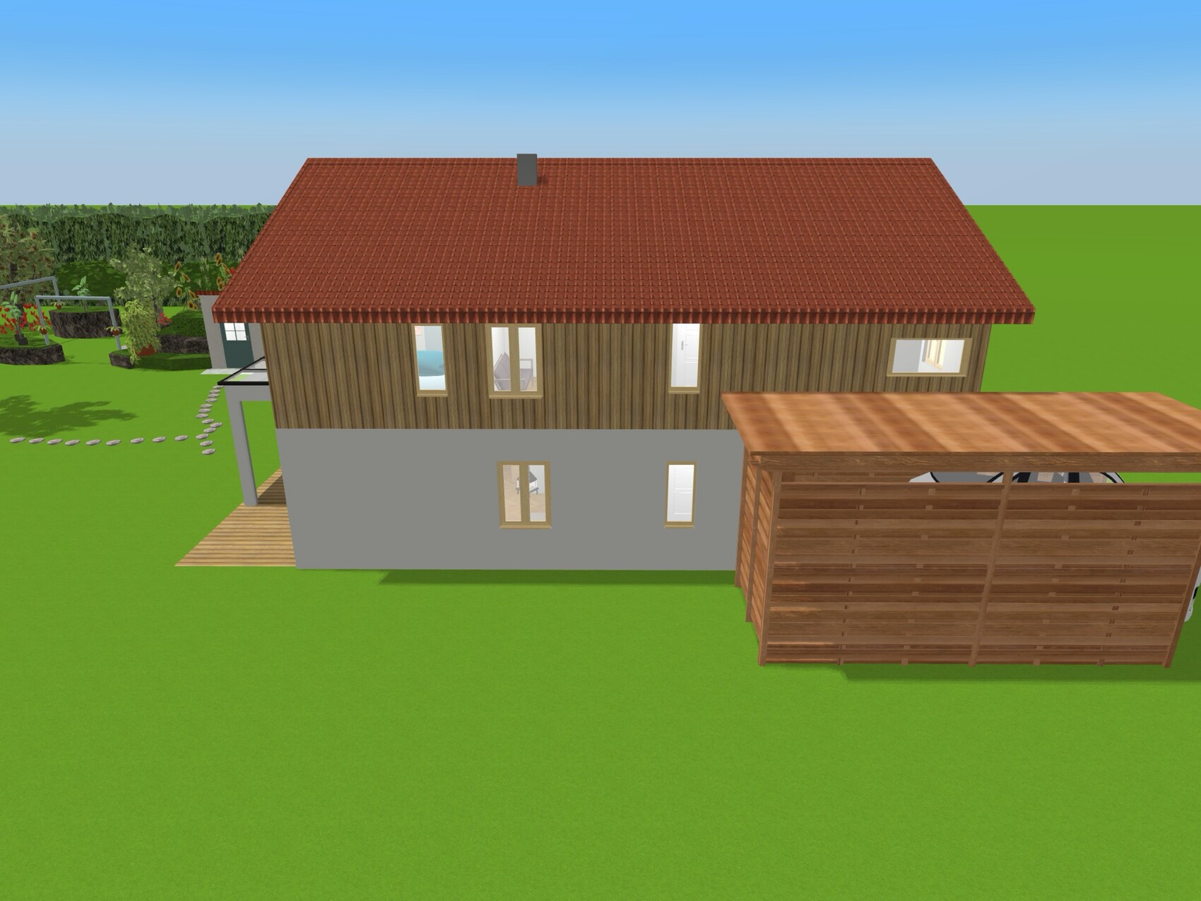 Zweistöckiges Haus mit rotem Ziegeldach, Holzverkleidung, grauem Sockel und Carport.