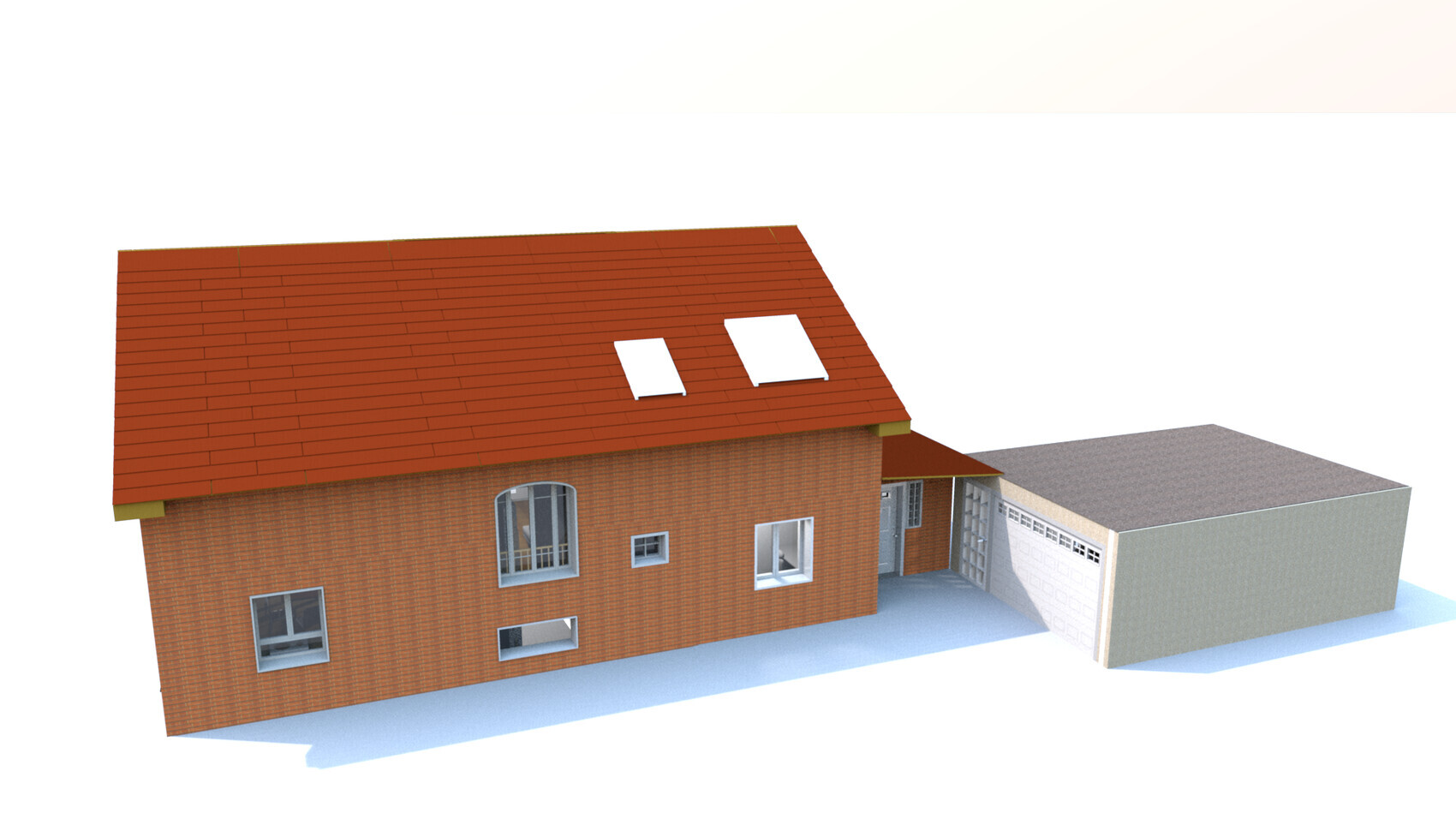 3D-Modell eines roten Ziegelhauses mit rotem Dach und angeschlossener Garage