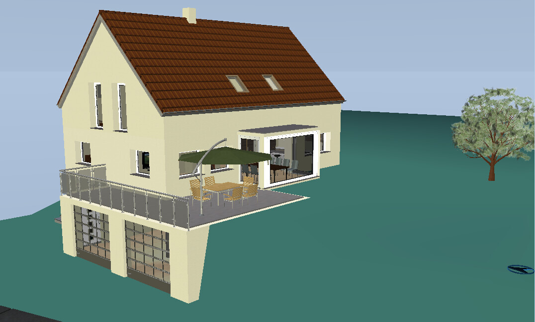 Einfamilienhaus auf Hang mit Garage im Untergeschoss, Terrasse mit Esstisch und Sonnensegel