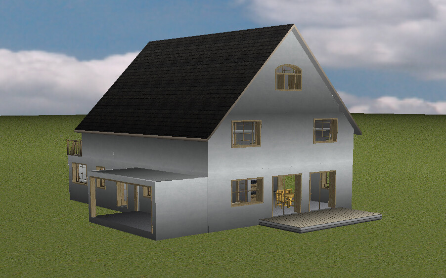 3D-Hausmodell: zweistöckiges Haus mit Giebeldach, Terrasse und offene Veranda