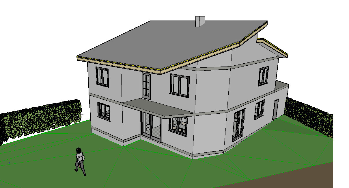 Modernes zweistöckiges Haus mit grauer Fassade, grüner Garten und Hecken; Person im Vordergrund