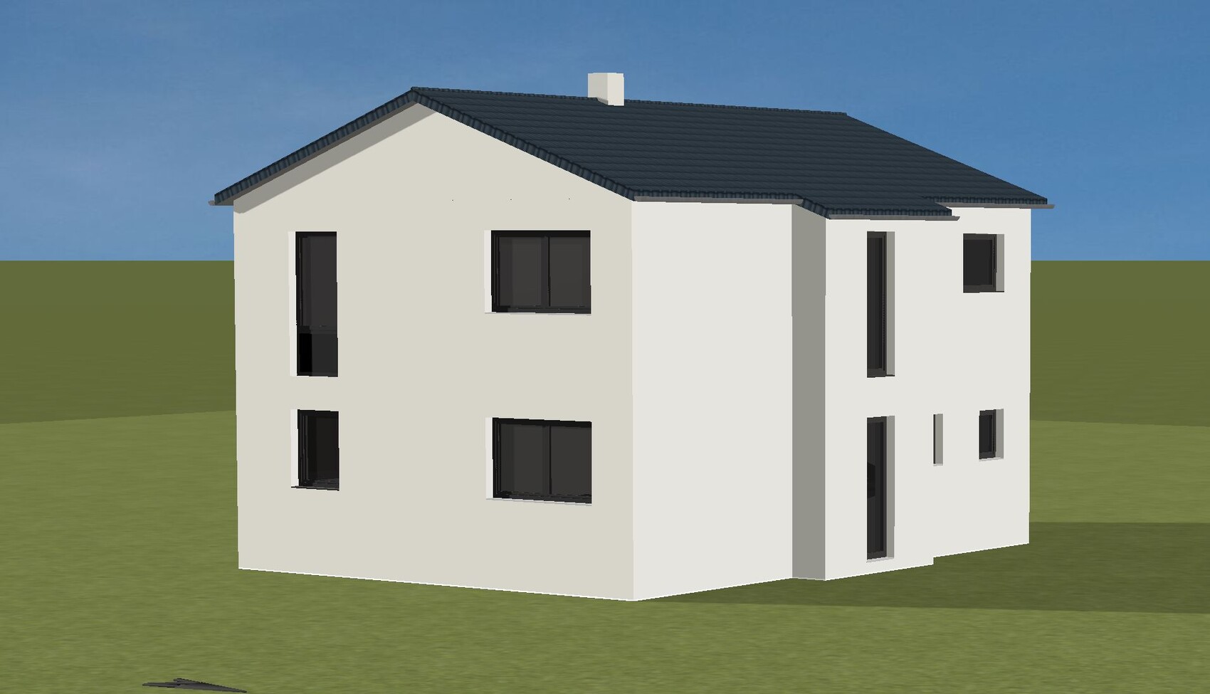 Modernes zweistöckiges Haus mit weißem Putz, dunklem Ziegeldach und Fensterfronten