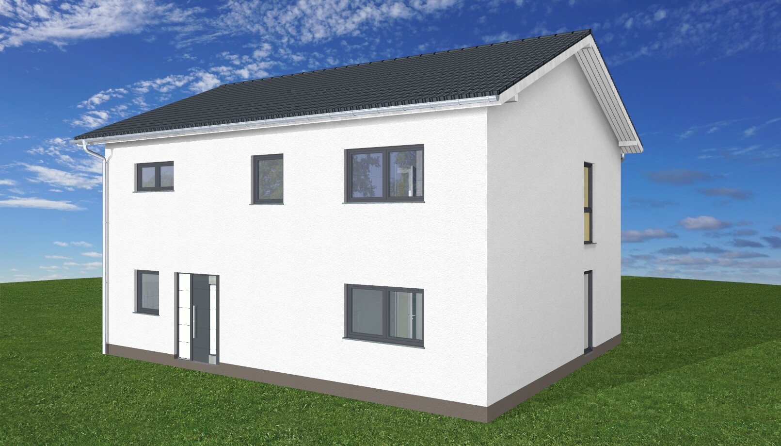 Moderne weiße zweigeschossige Hausfassade mit grauem Dach, Fenstern, Eingangstür, auf grünem Rasen